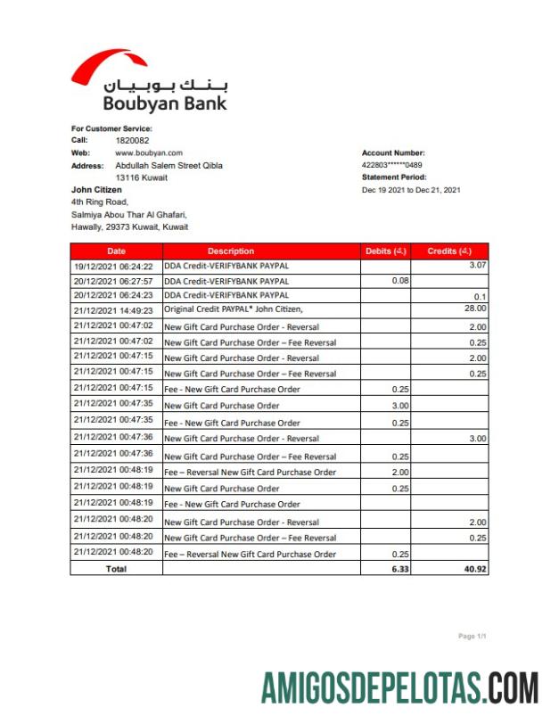 Extrato bancário Kuwait Boubyan em branco, modelo fácil de preencher em formato de arquivo .xls e .pdf